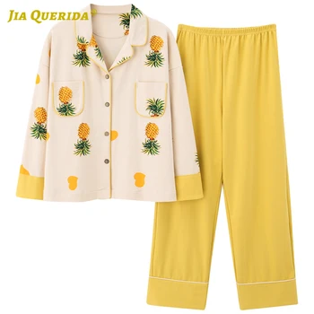 

Turn Down Collar Homeclothes Sleepwear Fashion Style Casual Style Ladies Printing Long Sleeve Long Pants Sleepwear Pijama Set