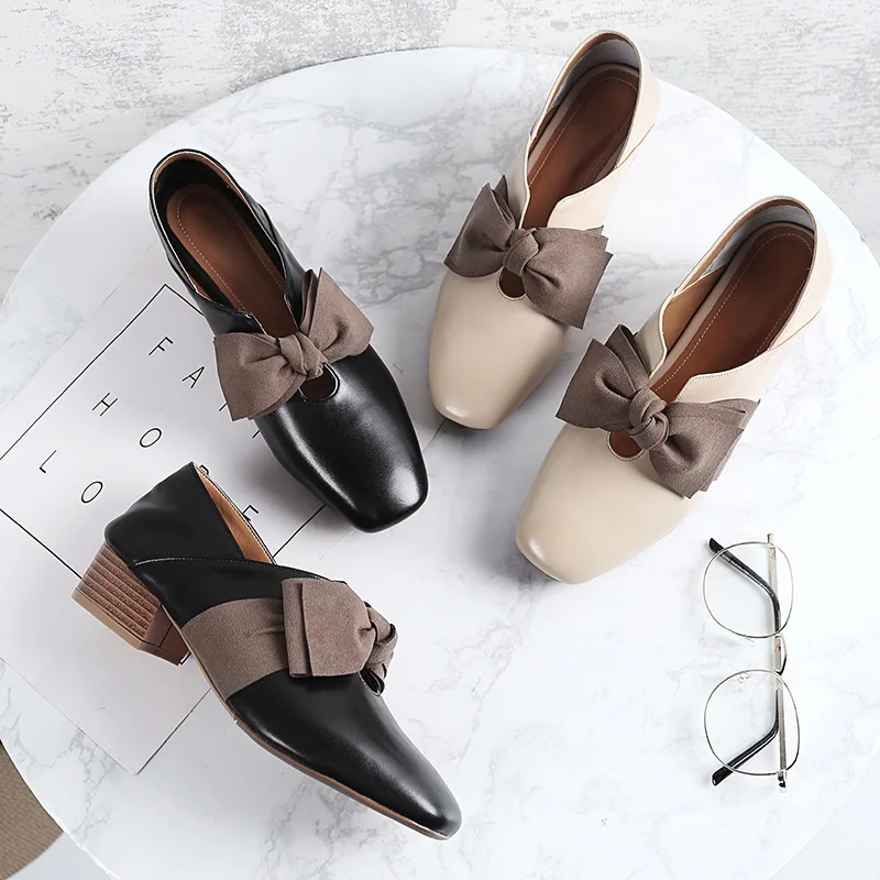 

Genuine Leather Low-cut Shoes Pq316-sy Bow Chunky-Heel Square Head Solid Color Double Purpose Shoes This Large Size-