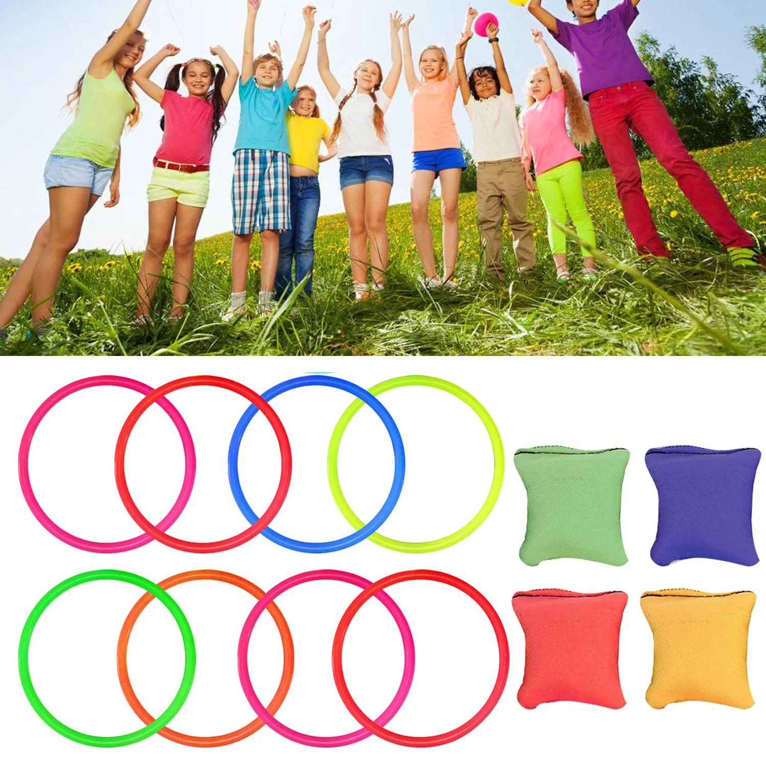 

Kid Hoop Ring Toss Toy Set with 4PCS Bean Bags 8PCS Rings Garden Outdoor Speed Agility Training Game for Children Carnival Party