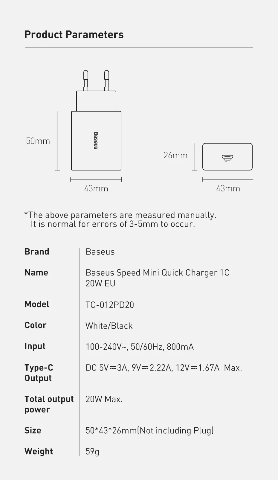 Baseus-Carregador de Carregamento Rápido USB Tipo C,