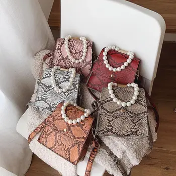 

Casual Women Pearl Handbag Retro Serpentine Crossbody Bags PU Leather Single Shoulder Handbags Female Messenger Bag