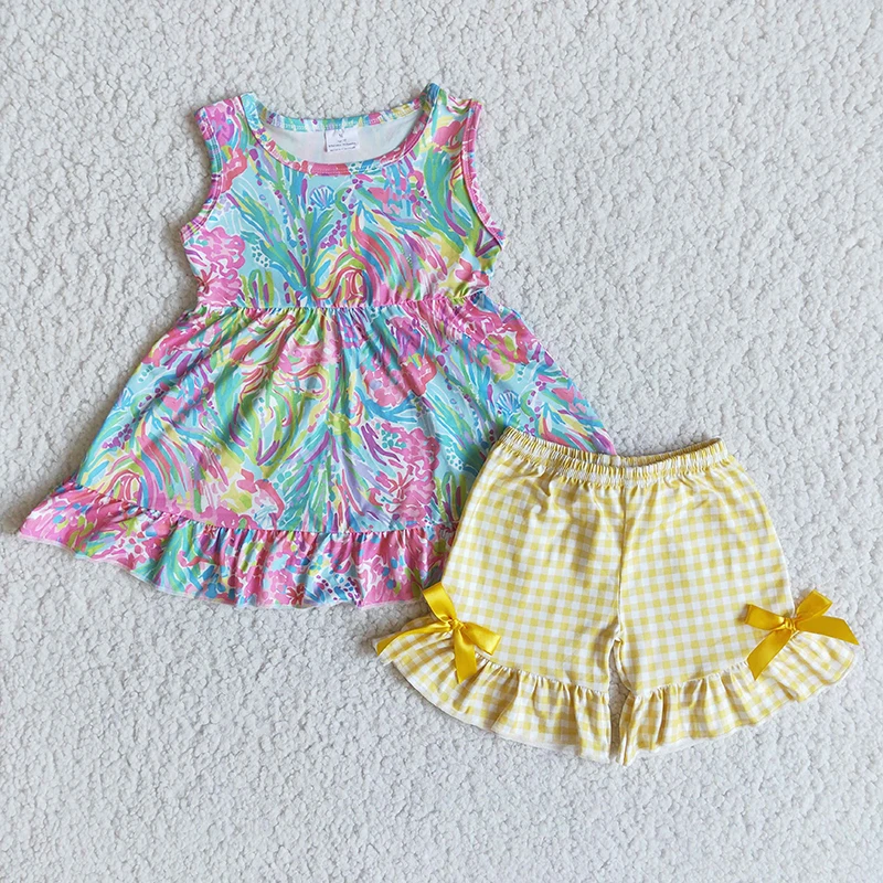 baby suit boy Wholesale Summer Baby Girl Underwater Clothing Kid Marine Sleeveless Set Yellow Plaid Bow Toddler Shorts Children Outfit Clothes children's clothing sets in bulk