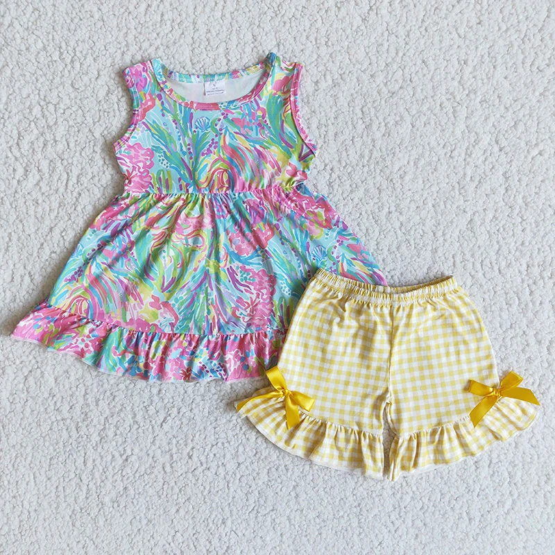 baby suit boy Wholesale Summer Baby Girl Underwater Clothing Kid Marine Sleeveless Set Yellow Plaid Bow Toddler Shorts Children Outfit Clothes children's clothing sets in bulk Clothing Sets