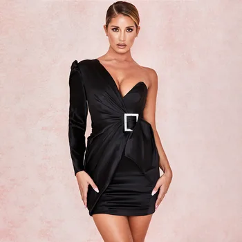 

Sexy One Shoulder Party Dress Women Slim Belt Long Sleeve Vestidos V Neck Women Dress Streetwear Zipper Up Bodycon Dress