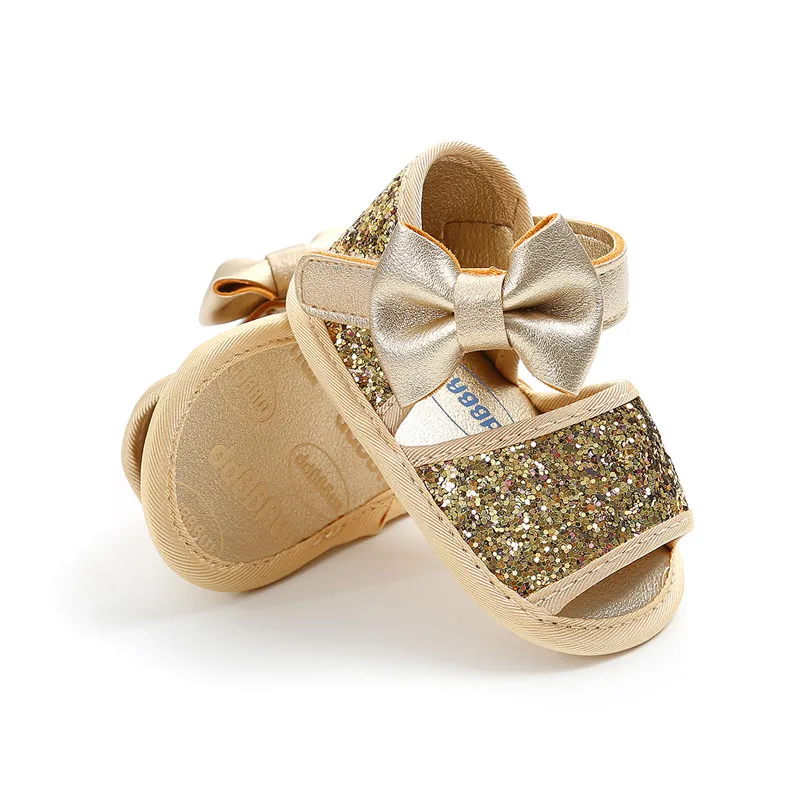 Baby Girl Sandals Big Bow Tie Decoration Baby Shoes Toddler Shining Sequin Non-Slip Sandals Kids Soft Crib Walkers Infant Shoes - Цвет: Золотой