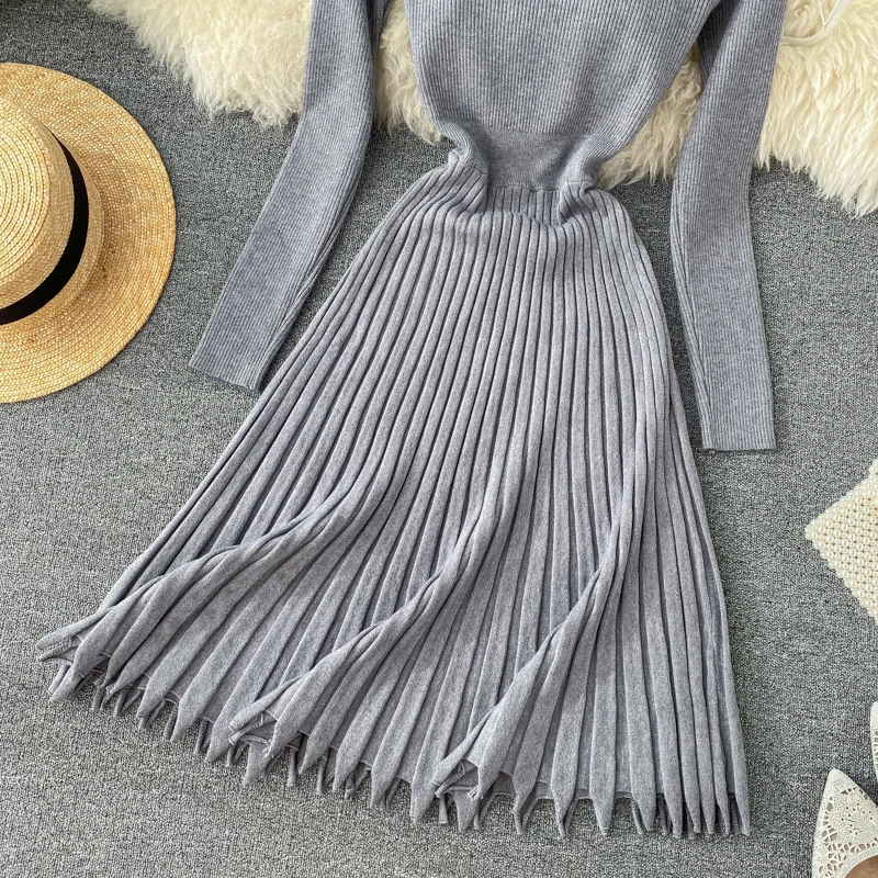 Винтажное теплое платье, Vestido de festa, тонкий осенний зимний вязаный свитер, миди платья для вечеринок, ТРАПЕЦИЕВИДНОЕ женское плиссированное платье