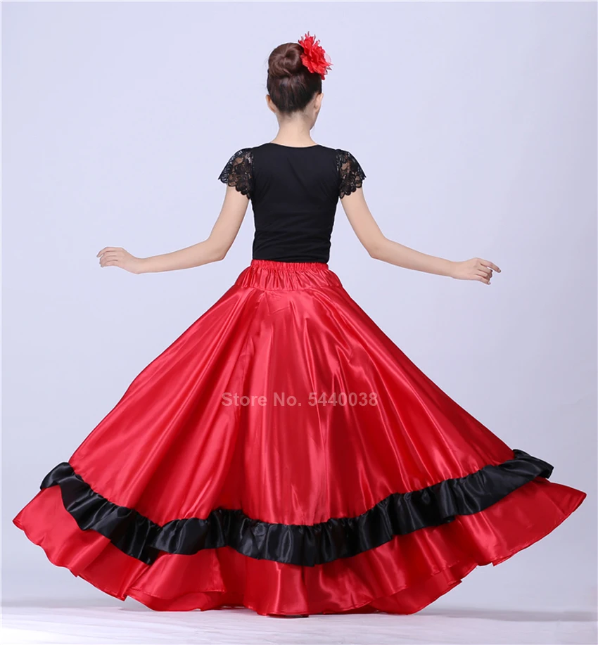 Красная традиционная испанская юбка для фламенко, цыганский женский танцевальный костюм, полосатая атласная гладкая большая юбка для танцев на животе 90 см