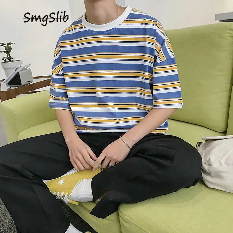 

2020 Harajuku Stripe T Shirts Men/Women Hip Hop Casual Cotton Short Sleeve Tops Tees Summer Fashion Tshirts blue Pink yellow
