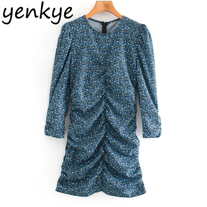 New Fall Women Vintage Floral Print Draped Long Sleeve Round Neck Sexy Bodycon Mini Fashion Lady Autumn Casual Dress | Женская одежда