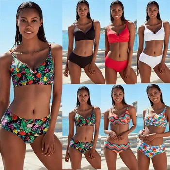 

2020 Bikinis Set Women Leaves Geometric Flowers Print Strappy Bikini Two Piece Swimsuit Swimwear Bikini Set Biquini Bathing Suit