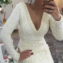 Коктейльные платья с открытой спиной, элегантное платье с глубоким v-образным вырезом, длинными рукавами, кружевом и жемчугом