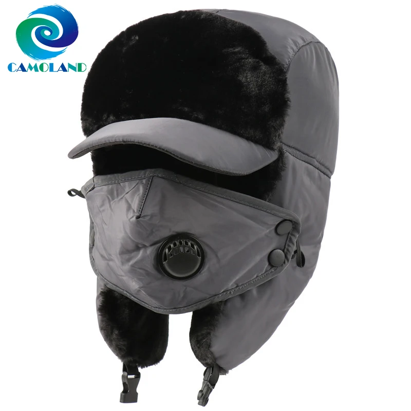

CAMOLAND Winter Waterproof Snow Skiing Caps Women Men Faux Fur Bomber Hats Warm Russia Hat With Face Neck Earflap Caps