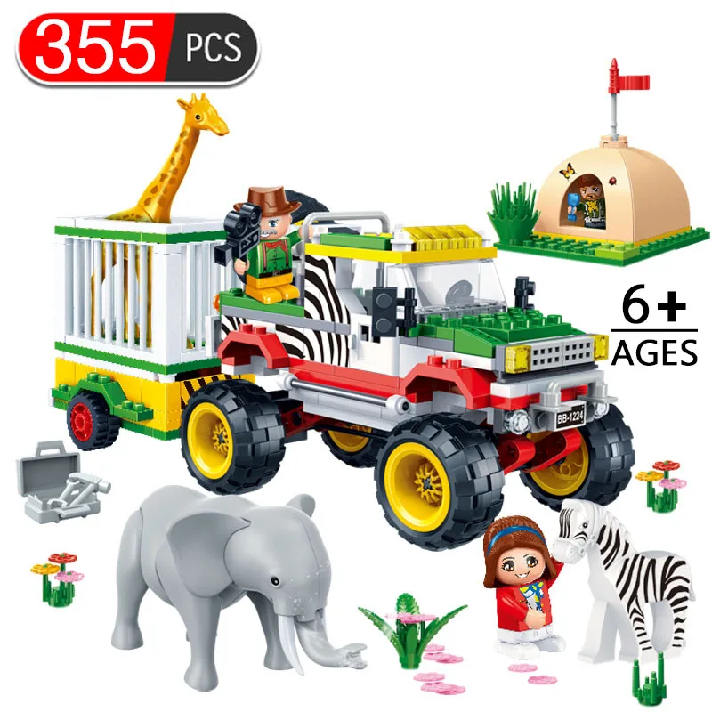 

355pcs My World Happy Farm Zoo Rescue Truck Building Blocks Compatible Legoinglys Village House Bricks Toys For Children