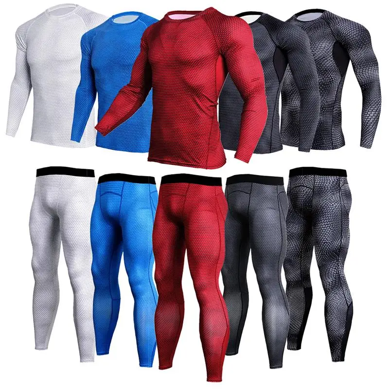 

Men's Compression Fitness Tracksuit Quick Dry Solid Long Sleeve Shirts Sweatpants MaleTraining Elastic Sportswear Two Piece Sets