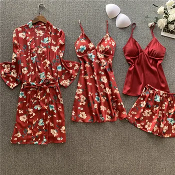 

Smmoloa 4 Piece Silk Robe Women Silk Pajamas Set satin pajama sets