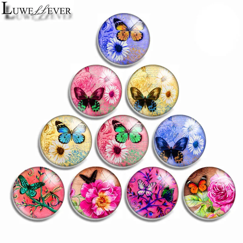 

12mm 10mm 16mm 20mm 25mm 30mm 512 Beautiful Butterfly Mix Round Glass Cabochon Jewelry Finding 18mm Snap Button Charm Bracelet