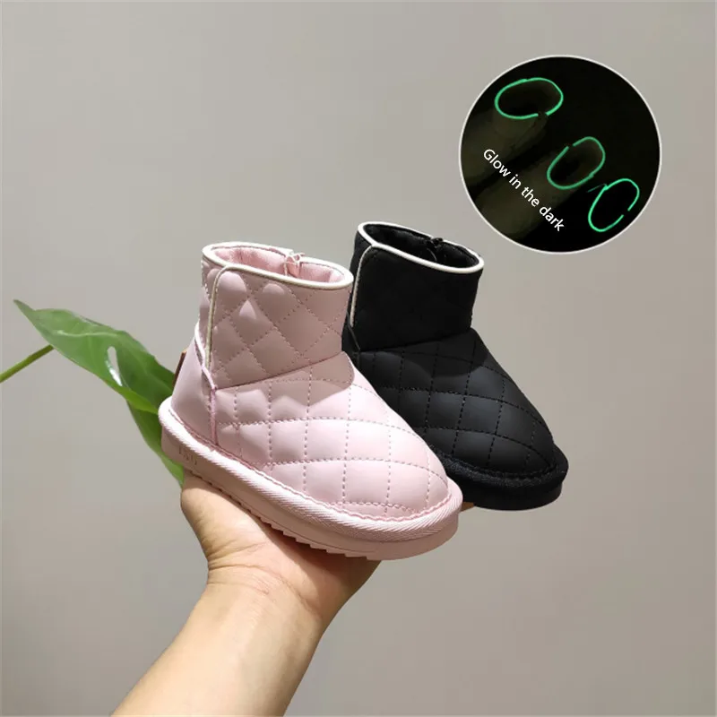 Genuine Leather Winter Children Snow Boots Waterproof Toddler Girls Shoes Grid Fashion Cotton Kids Boots Baby Shoes