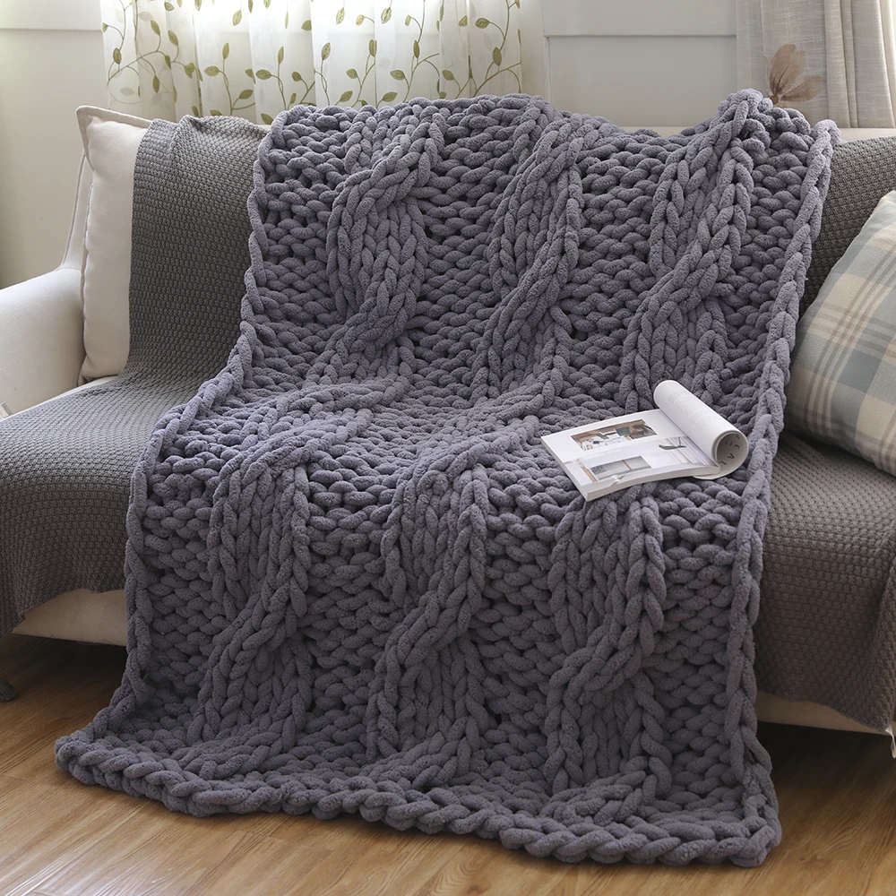 Массивное вязаное Роскошное Одеяло большого кабеля вязаное Премиум мягкое уютное полиэфирное синель объемное одеяло s 127x152 см - Цвет: Grey