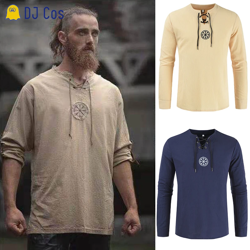 Мужская рубашка винтажный Костюм Рыцаря викинга на шнуровке пиратский Топ для
