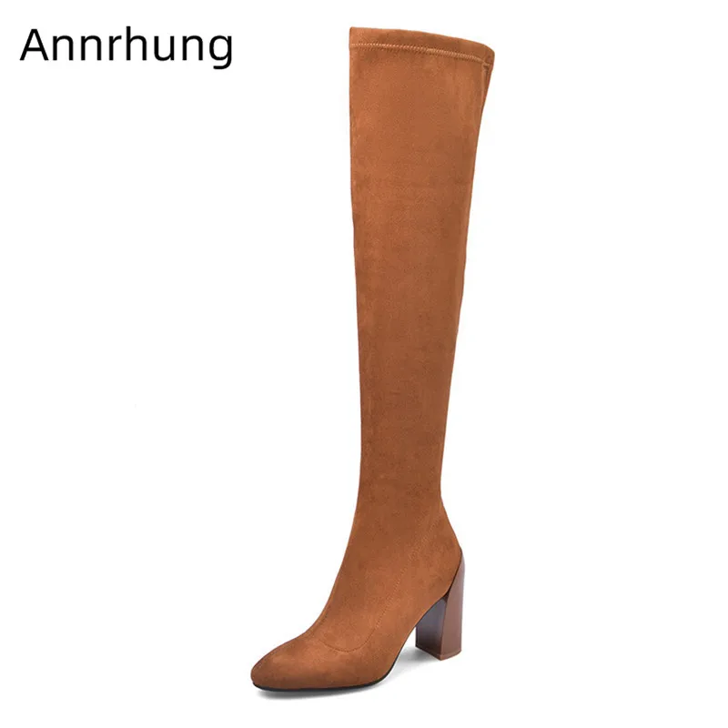 

Slim Long Boots Women Solid Brown Suede Bottes Round Toe Super High Suqare Heel Walking Shoes 2020 Winter Hot Sell Boots Woman