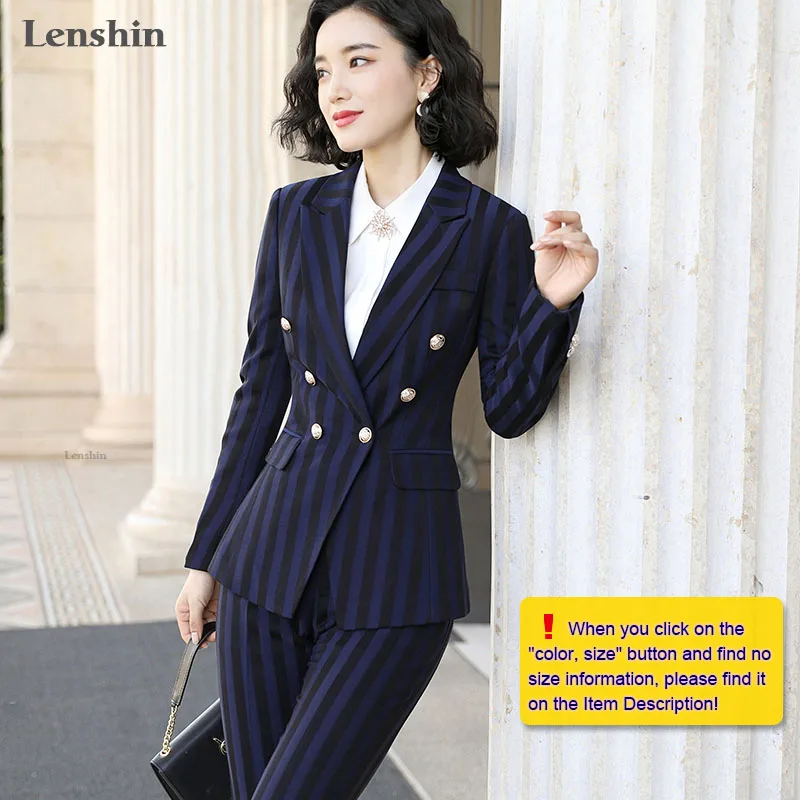 Lenshin High Quality 2 Piece Set Striped Formal Pant Suit Blazer Office Lady Designs Women Business Jacket and Ankle-Length Pant