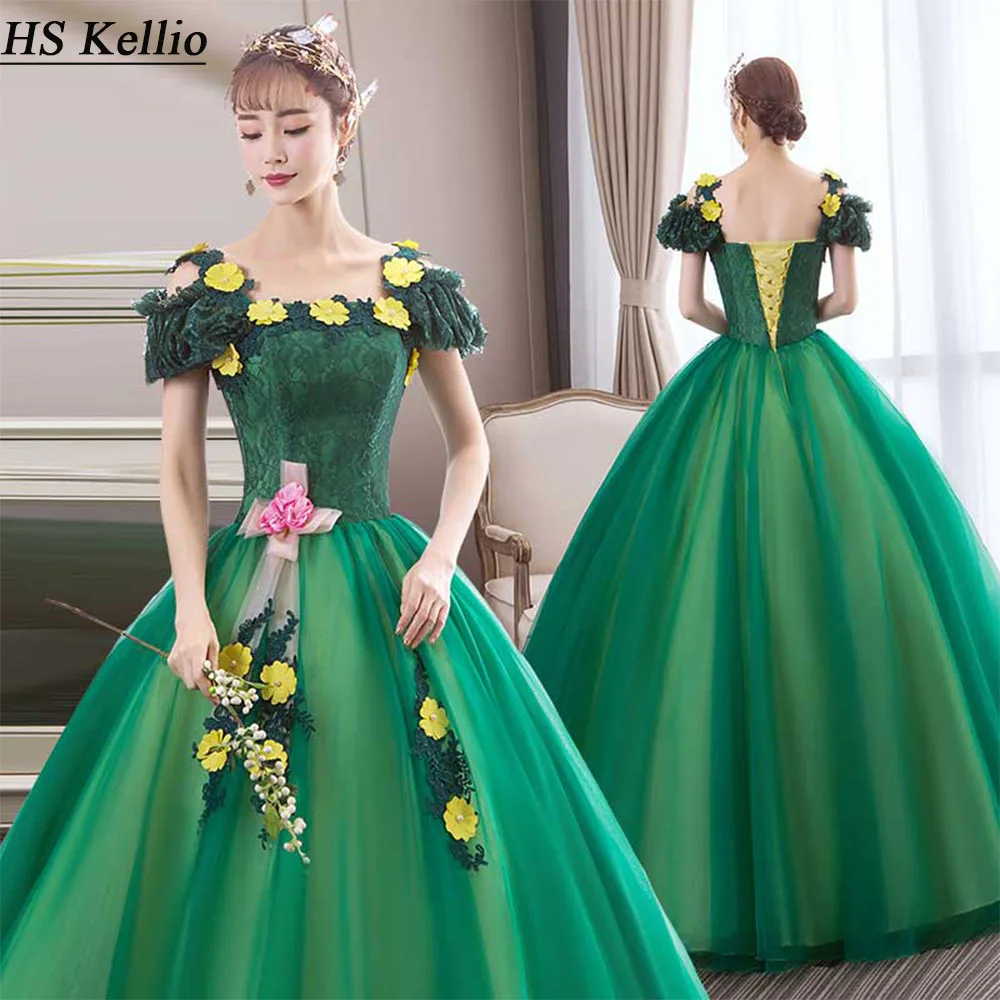 

Emerald Quinceanera Dresses Customized Off Shoulder Ball Gown Tulle Prom Dress With Flowers