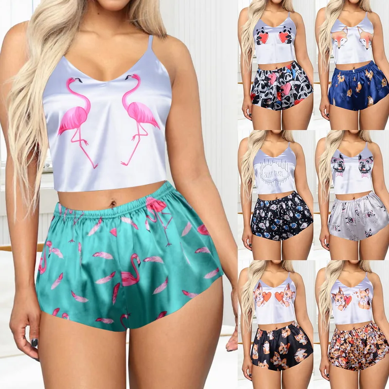 

Ladies Pajama Set Cute Print Pattern Sleepwear Silk V Neck Sexy Pijama Satin Night Home Suits Wear Sleeveless Top And Shorts