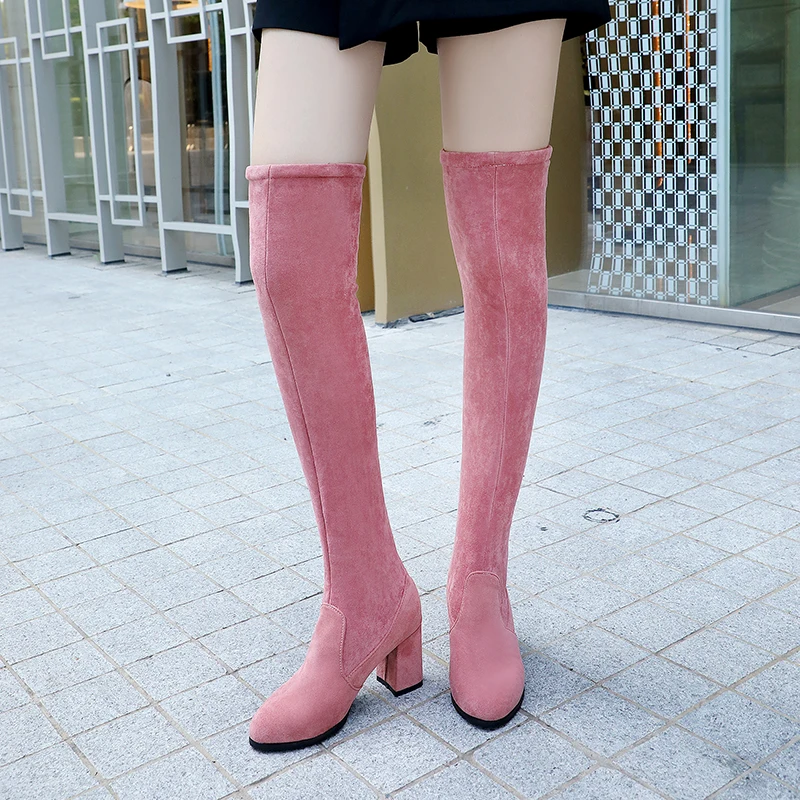 Розовые сапоги Для женщин Ботфорты сапоги до колена Женская обувь на квадратном высоком каблуке; на платформе; зимние универсальные Привлекательные женские ботинки Размеры 34–43