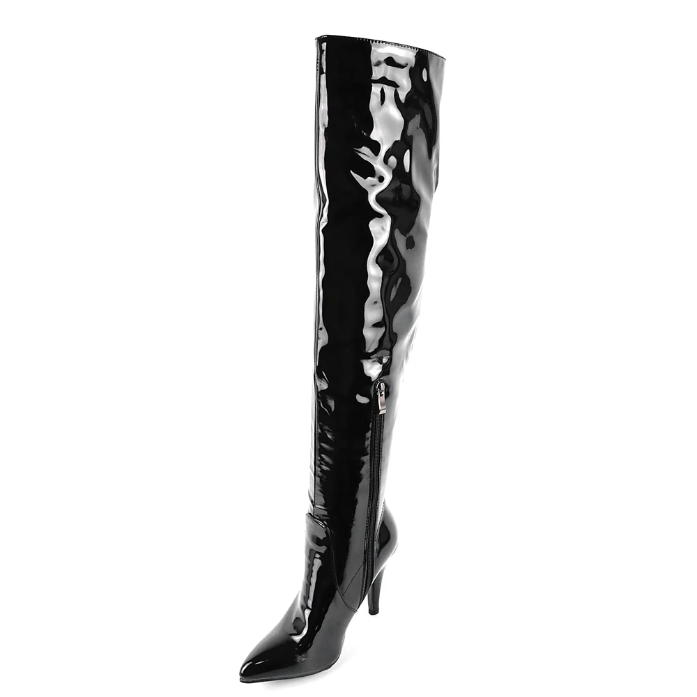 

Pointed Super High Stiletto Patent Leather Over-The-Knee Boots Bright Leather Short Plush Side Zipper Boots