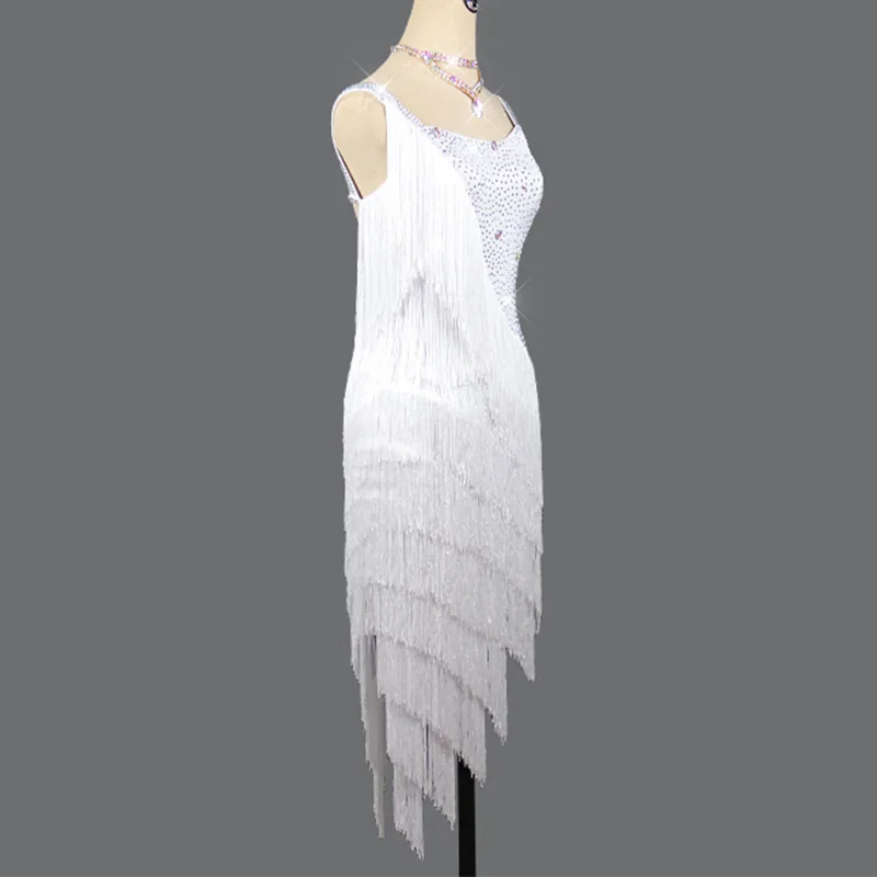 Latin Dance Dress Adult Female Shiny Rhinestone White Tassel Performance Clothing Salsa Rumba Cha Cha Samba Tango Wear