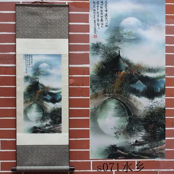 

Luna seda pintura paisaje pintura desplazamiento caligrafía enmarcado personalizado famoso Feng Shui Mo.