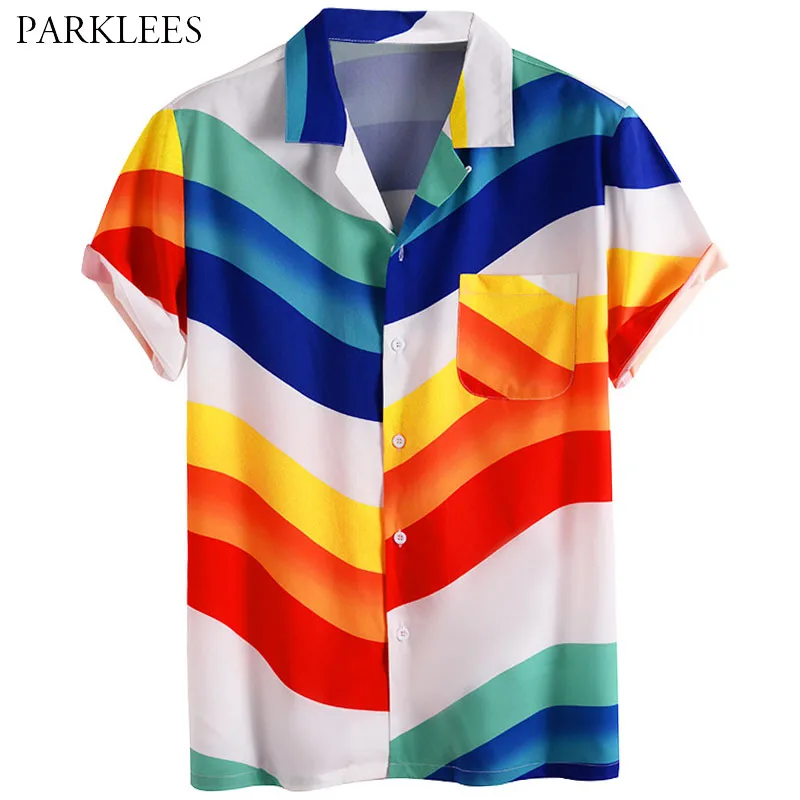 

Colorful Rainbow Mens Short Sleeve Shirt Casual Loose Shirts for Men with Front Pocket Striped Patchwork Chemise Homme Camisas