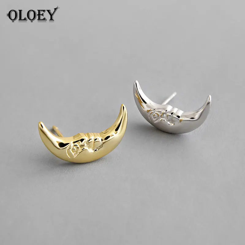 

YPAY 100% Pure 925 Sterling Silver Moon Stud Earrings For Girls Kids Lady Korea INS Cute Earring Jewelry Christmas Gifts YME575