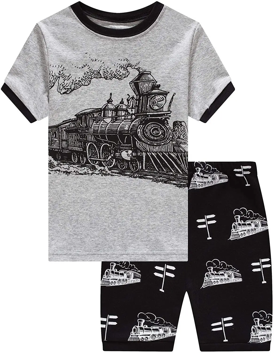 Pijamas de tren para niños, 100% de algodón de manga corta, a la moda, de tiburón de dibujos animados, de unicornio, infantil