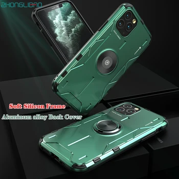 

Luxury Shockproof Metal Back Cover Case for Iphone 11 Pro Max Xr Xs Max X Aluminum Alloy + Soft Silicon Frame Ring Stand Holder