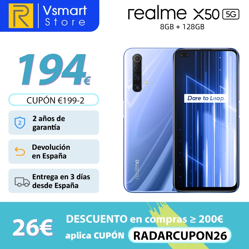 Realme X50 X 50, 6GB 128GB, 5G Teléfono inteligente, Snapdragon 765G, 120Hz, cámara cuádruple de 48MP, teléfono móvil, Banda de frecuencia: 5G-N78; 4G-FDD-LTE:7/8/20; código: RADARCUPON26 (200€-26€)FASTMAY25(€250-25)