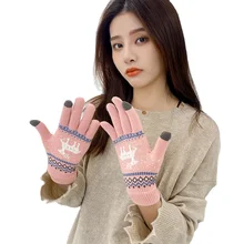 Sparsil Christmas Outdoor Warm Gloves Winter Touch Screen Autumn Knit Woolen Glove Unisex Full Finger Knitted Mittens Deer Women