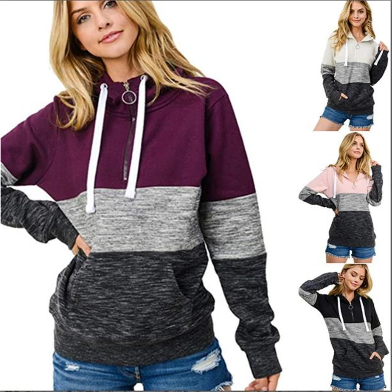

Whoholl Multicolor O-Ring Zip Front Cut Sew Sweatshirt Athleisure Stand Collar Raglan Sleeve Sweatshirt Women Autumn Pullovers