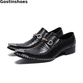 

Men Shoes Black Crocodile Printed Genuine Leather Men Casual Business Shoes Plain Metal Cap Toe Men Oxfords Slip On Leisure Shoe