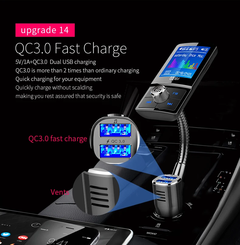 Bluetooth ресивер FM-передатчик модулятор Автомобильный Беспроводной радио адаптер Цвет ЖК-дисплей Дисплей Quick Charge 3,0 Dual USB быстрой Зарядное устройство