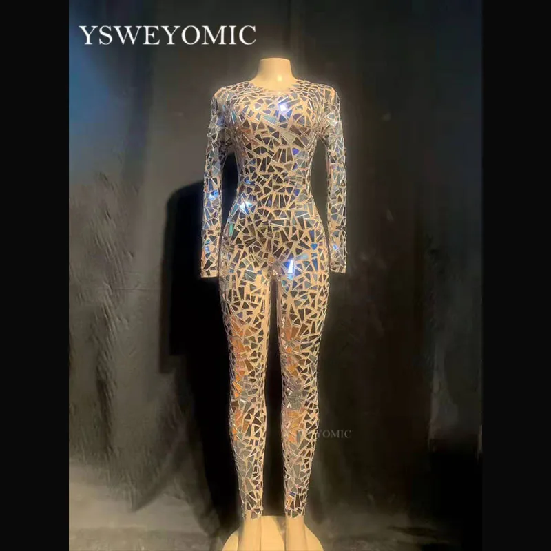 Стиль Блестящий серебряный зеркальный комбинезон сетчатый танцевальный костюм женский сценический танцевальный сетчатый комбинезон из пряжи сексуальная одежда для ночного клуба