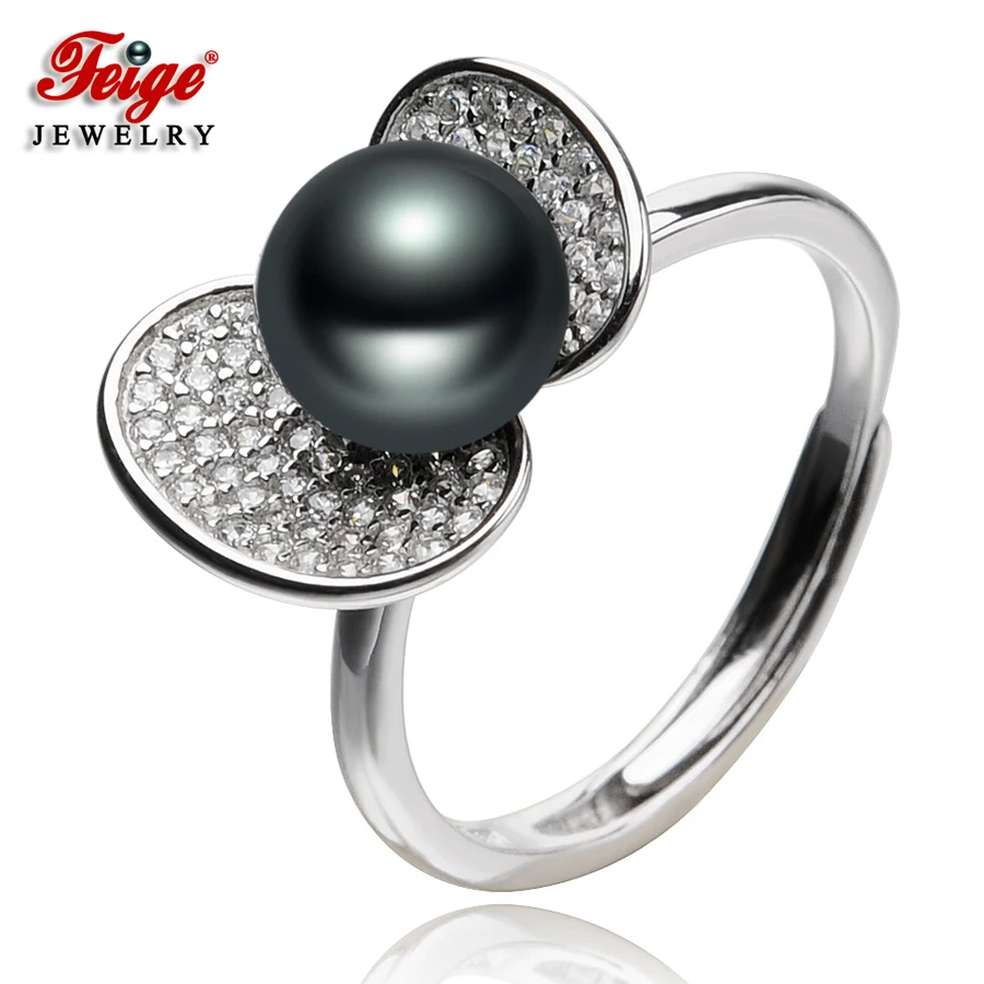 

New Design Pearl Rings For Women's 7-8mm Black Natural Freshwater Pearls 100% 925 Sterling Silver Rings Fine jewelry