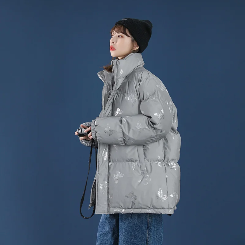 

Reflective Butterfly Pattern Winter Jackets and Coats for Women Korean Fashion Trends Clothing Ladies Stand Collar Puffer Jacket