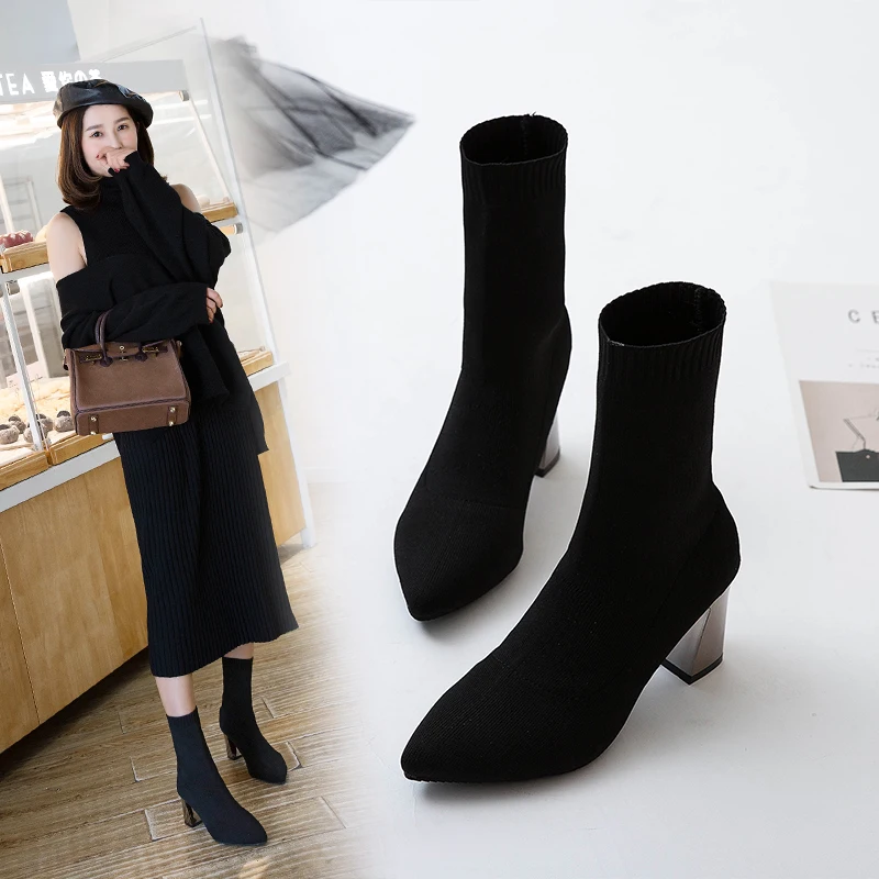 

Autumn Boots Sock Shoes Low Heels booties Booties Ladies Luxury Designer Bootee Woman 2019 Round Toe Lace Up Winter Women