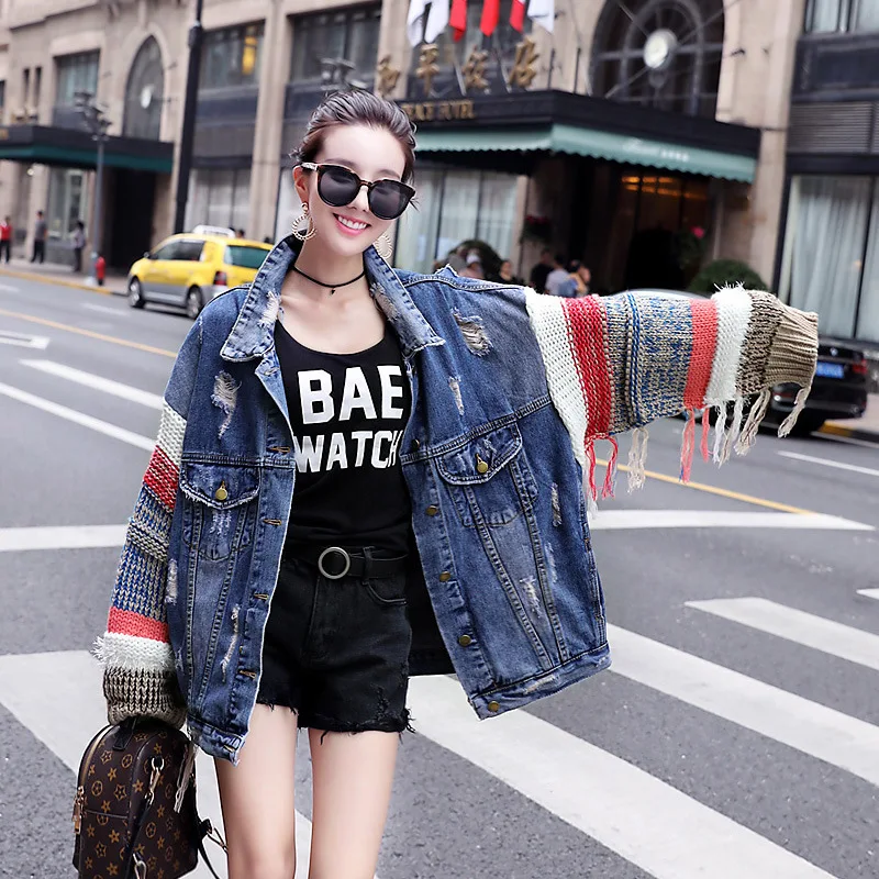 Autumn New Harajuku Denim Lapel Jacket Women Long Sleeve Knitting Stitching Tassel Black Denim Jackets Female Casual Streetwear