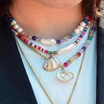 

Best lady Bohemian Shell Collar Choker Necklace Women Summer Party Gifts Multi Color Handmade Simulated Pearl Statement Necklace