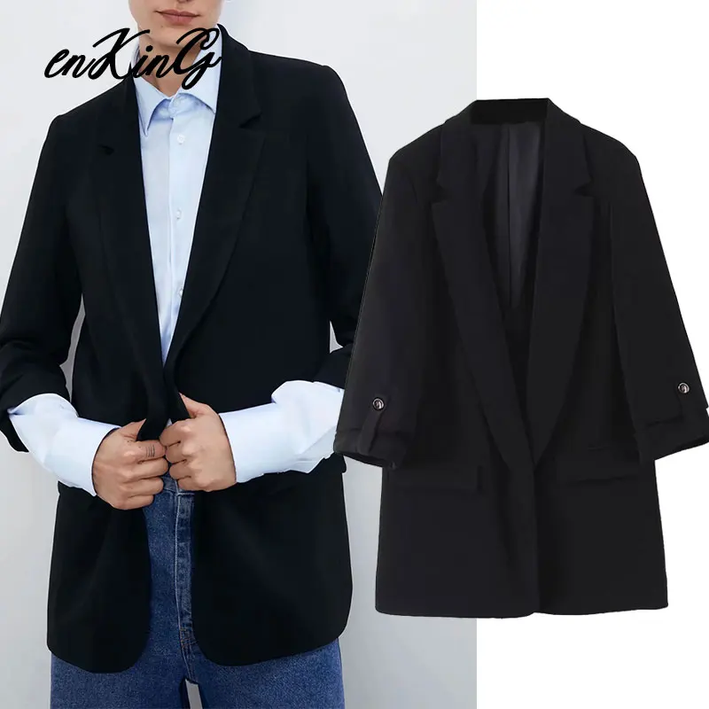 2020  spring england office lady simple casual roll up sleeve black za blazer feminino blazer women blazer mujer  jackets