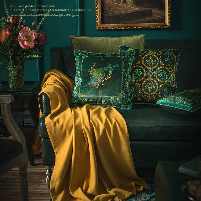 

Jazz European American Pillowcase Green Gold Flower Bird Retro Luxury Sofa Cushion Bedside Office Waist Pillow Pillowcase
