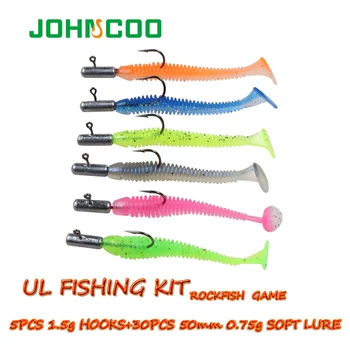 

JOHNCOO 5pcs Hooks 30pcs UL Fishing Worms Fishing Lure Kit Soft Shad Artificial Trout Soft Bait Silicone Baits Wobblers Swimbait