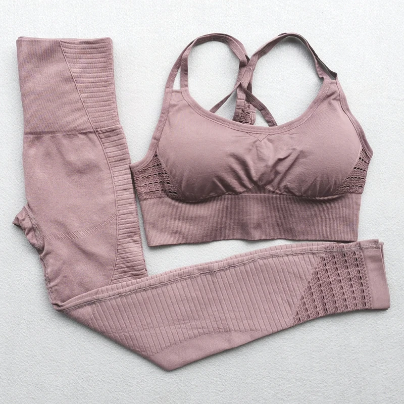 Brown 2Pcs Set Женский комплект для йоги, бесшовная одежда для фитнеса, спортивная одежда, женские леггинсы для спортзала, мягкий пуш-ап спортивный бюстгальтер на бретелях, 2 шт., спортивные костюмы - Цвет: Brown 2Pcs Set